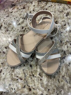 Big kids size 3 Kelly & Katie White and Silver Rhinestone Cross-Strap Sandals